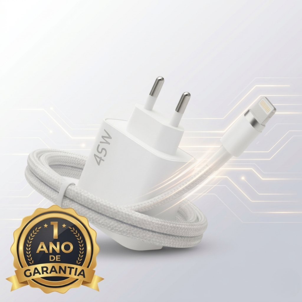 Carregador Para iPhone Turbo Super Rapido 45W USB-C Fonte Rápida c/ Cabo Lightning Duplo USB-C Apple