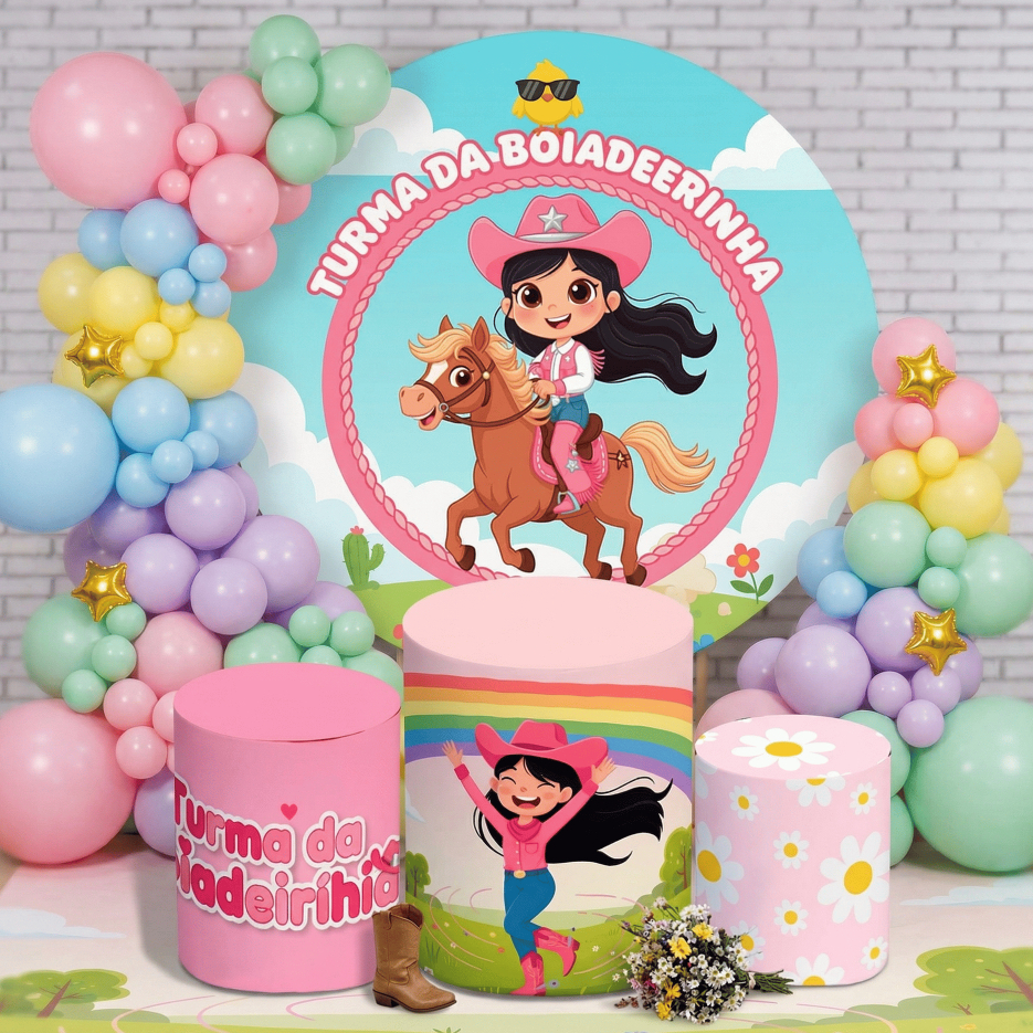 Capa Painel Redondo 1.50m + Trio Cilindros Sublimado Bibi Painéis Veste Fácil Kit Festa B0adeirinha
