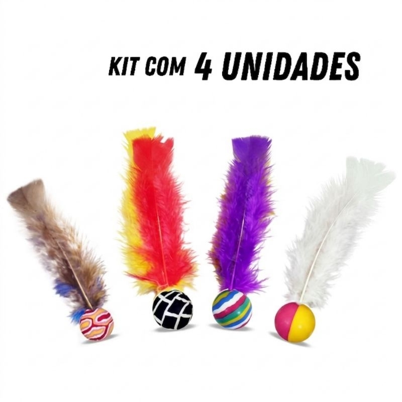 ping penas brinquedo pet kit com 4 unidades Bolinha pula pula com penas coloridas