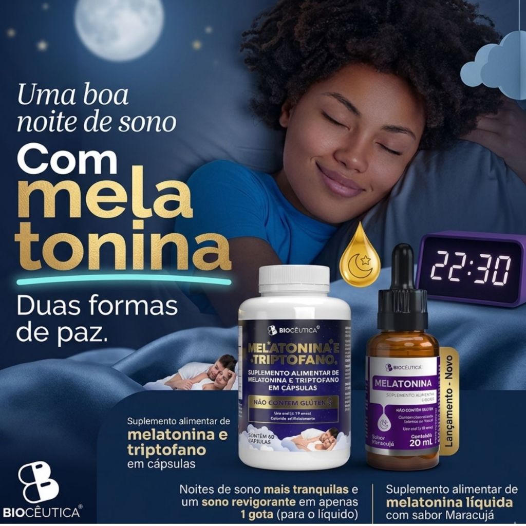 Kit Suplemento Alimentar Melatonina e Triptofano 60 Cápsulas +  Melatonina Líquido Conta Gotas 20ml