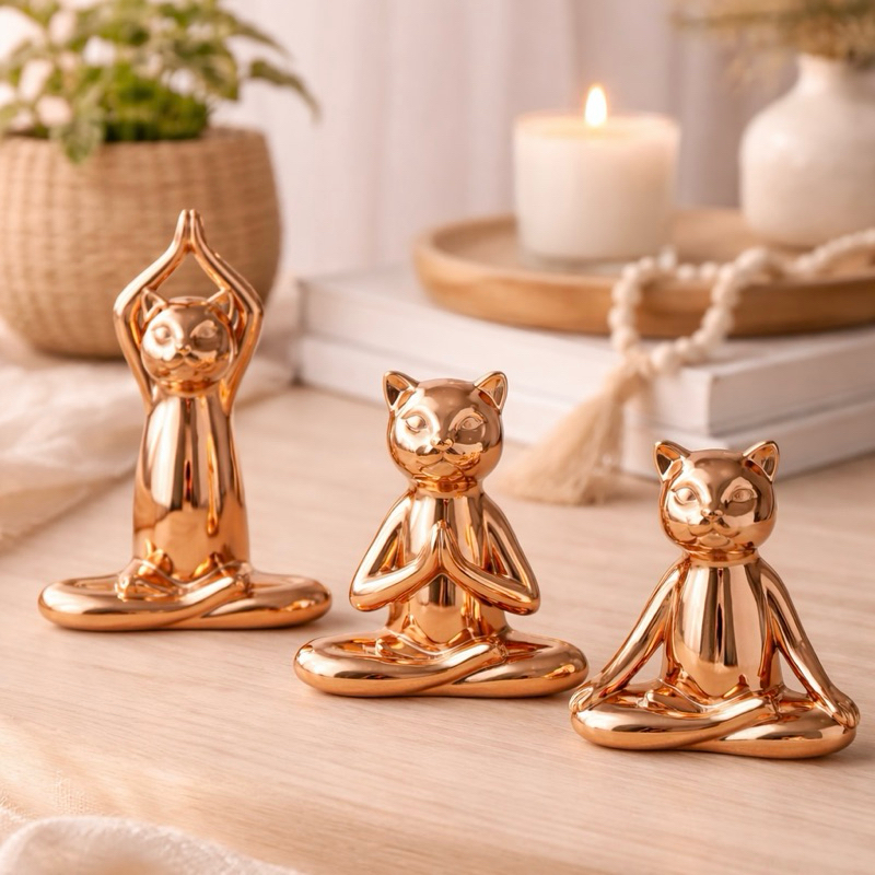 Imagem Kit 3 Estátuas Gato Yoga Decorativo Rose Gold | Decoração Zen, Casa Moderna, Luxo