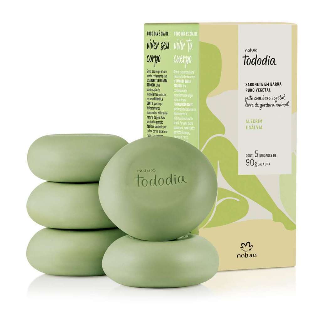 Sabonete em Barra Natura Todo Dia Alecrim e Sálvia - Limpeza Delicada e Vegano, 2 Caixas x 5 Unidades