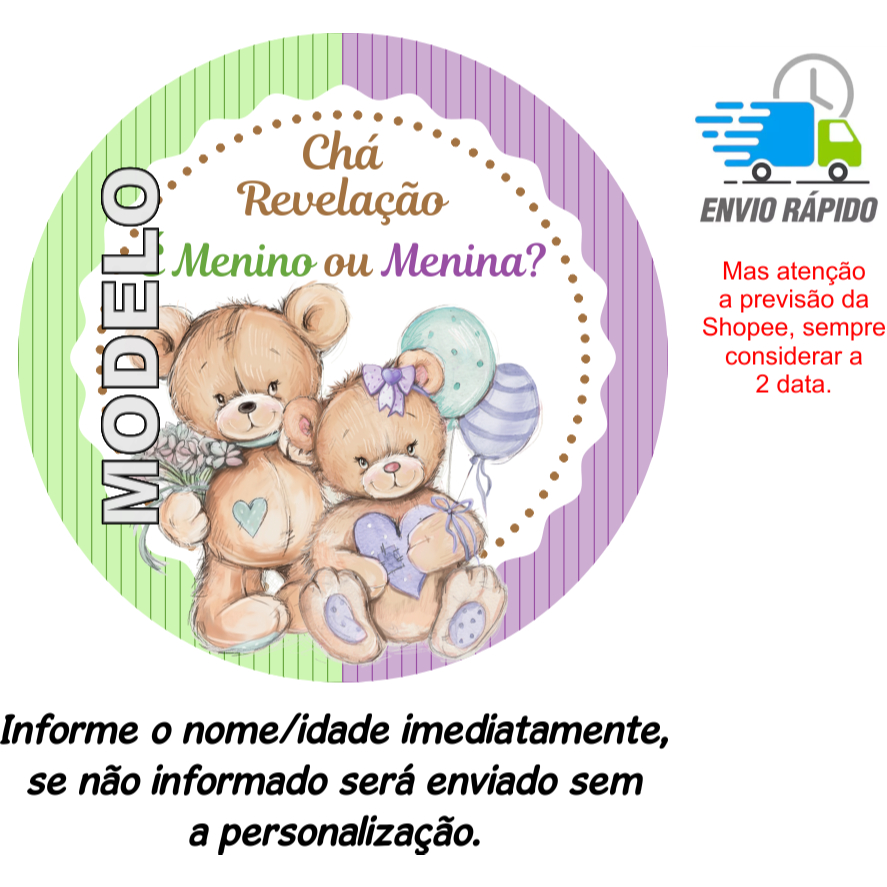 Adesivo Chá Revelação Ursinhos (4cm, 5cm, 6cm, 7cm, 8cm e 9cm) Tag Etiqueta Rótulo