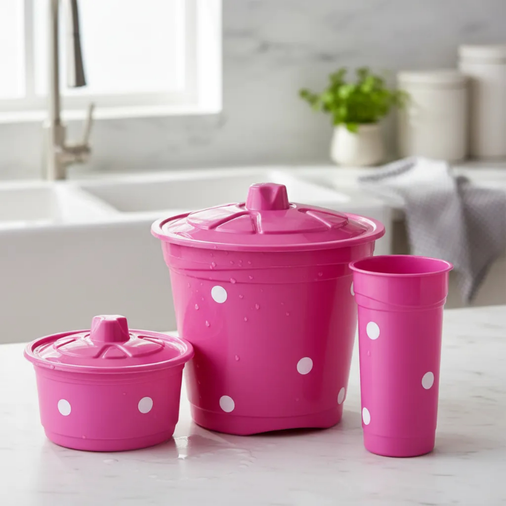 Kit Pia 3 Peças Plástico Poa Cesto de Lixo e Porta Detergent5e Cozinha Decoração de Casa