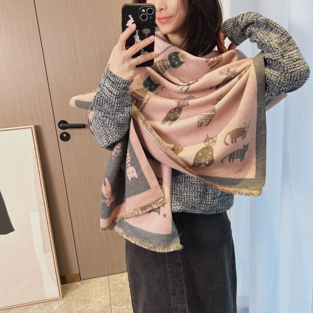 Cachecol Feminino Grande De Gatinho Moda Europa Lenço Pashmina Echarpe Grosso Bem Quente Para Frio Inverno