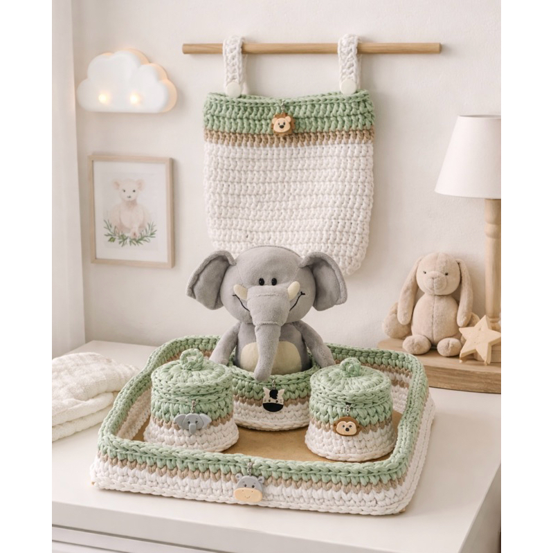 Kit Higiene Bebê  Safari em Fio de Malha -Produto Artesanal -Decoração Quarto do Bebê Enxoval