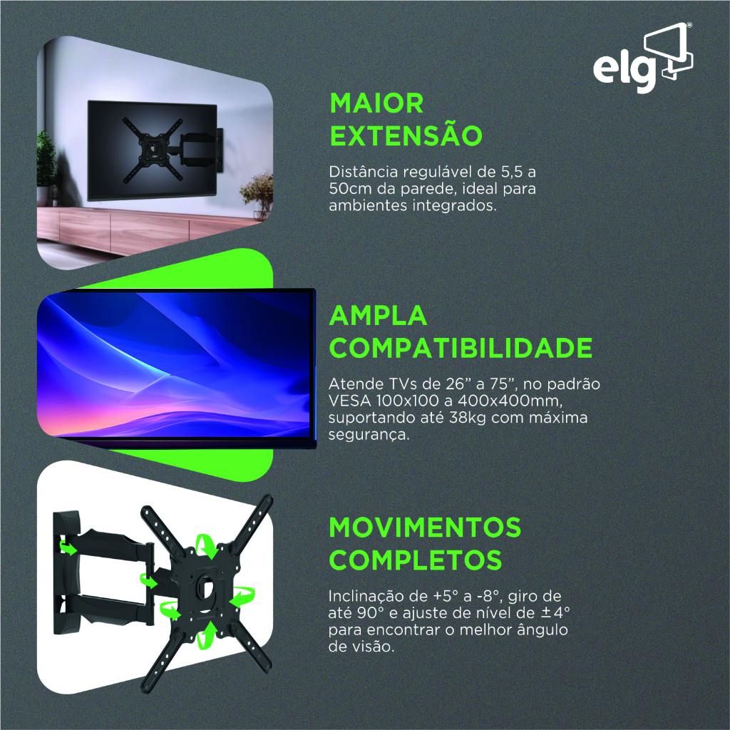 Suporte Articulado de Parede para TV 26 a 75 Pol 38kg VESA 400x400 ELG A02V4N · foto 2