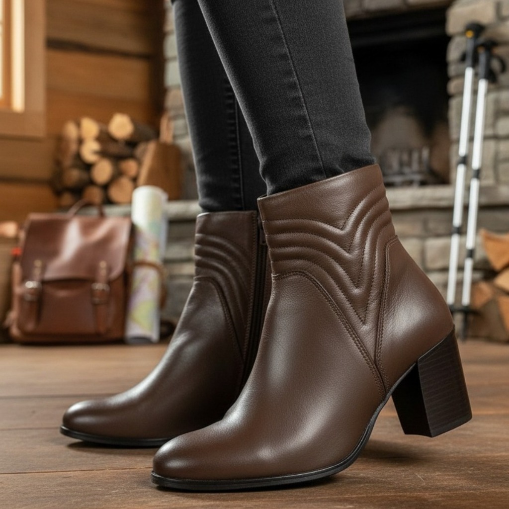 Bota Casual Feminina Cano Curto Botinha Social Salto Bloco 6cm 100% Couro Cores Marrom ou Preto 4146