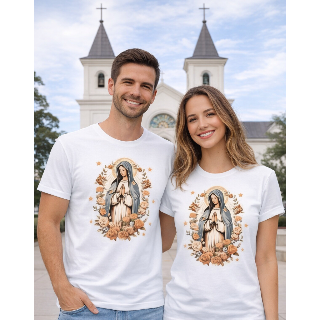 Camiseta Feminina Estampada Virgem Maria Blusa Country Camisa 100% Algodão T-Shirt Estilosa