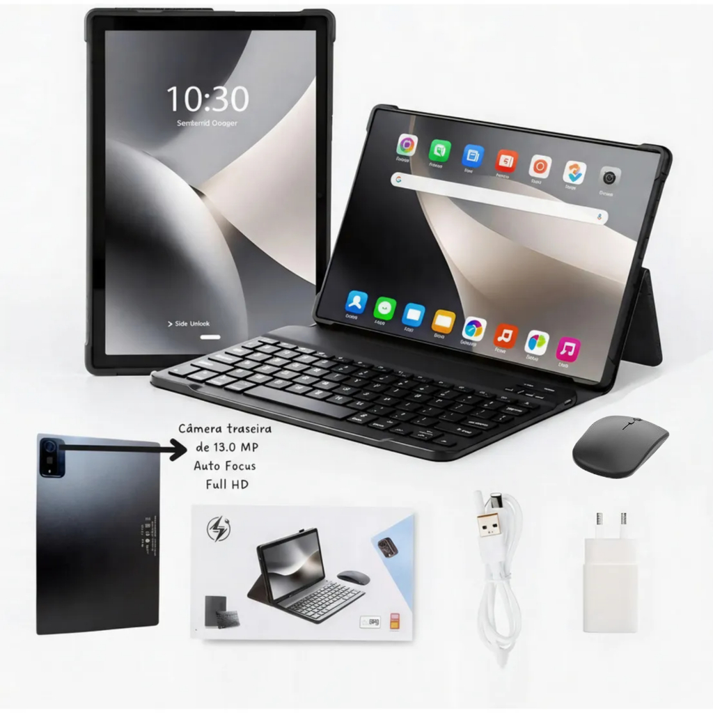 Tablet C10 Wifi com chip 10.1 Android 14, Teclado+Mouse 8GB RAM 250GB Câmera Bluetooth