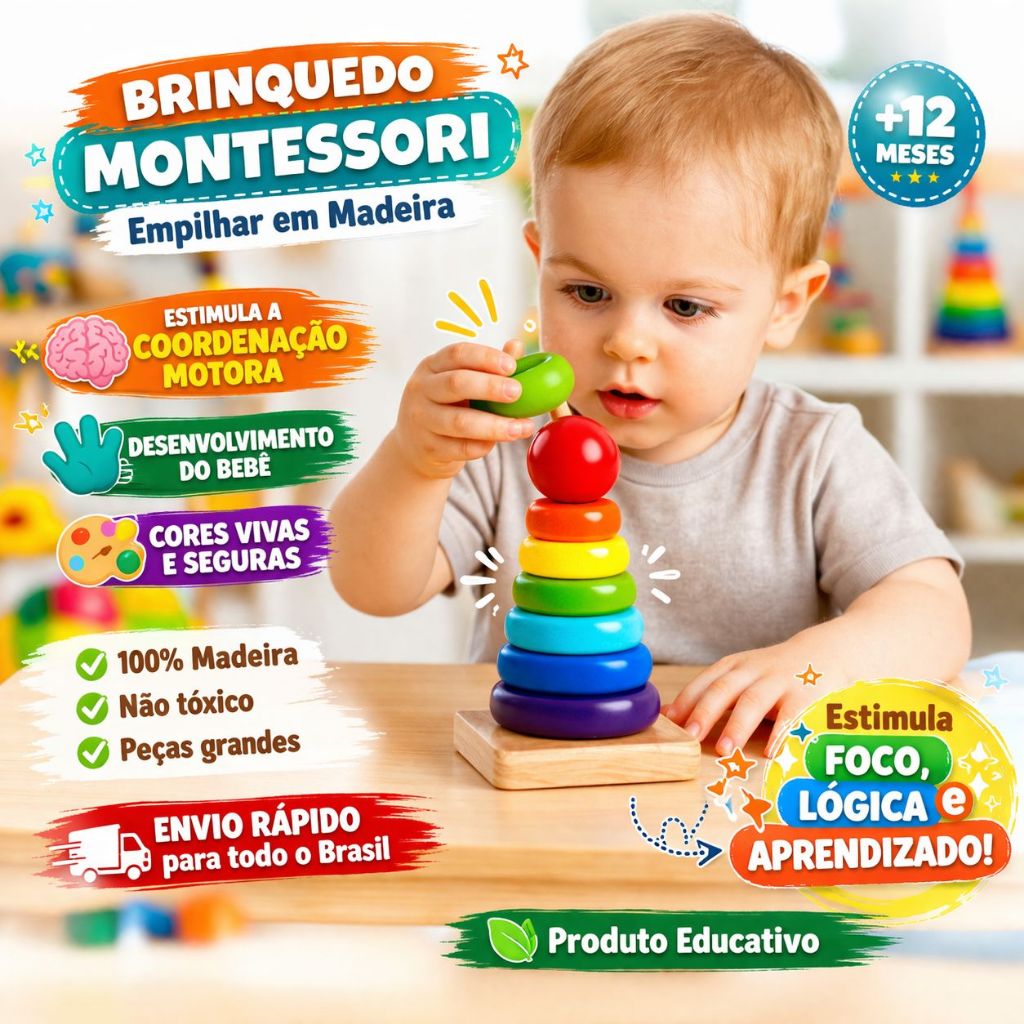 Brinquedo Educativo Torre Empilhar Montessori Colorida Madeira Coordenação Motora Para Bebê