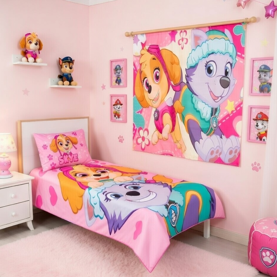 Cobre Leito + Fronha + Cortina Quarto Infantil Meninas Skyye Eveerest P. Canina Novidade Bibi Paineis