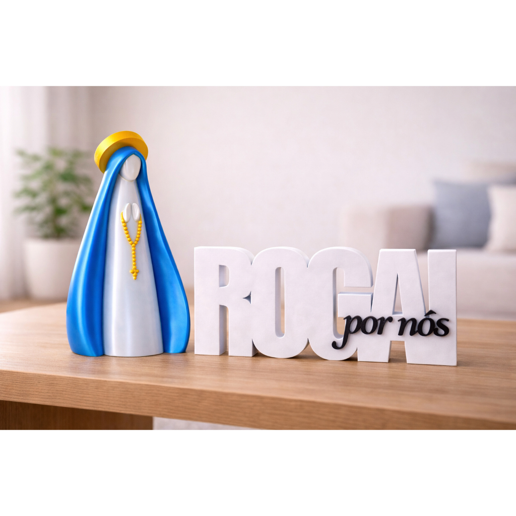 Kit Decorativo Nossa Senhora Aparecida + Letreiro Rogai Por Nós | Decoração Religiosa Fé Católica