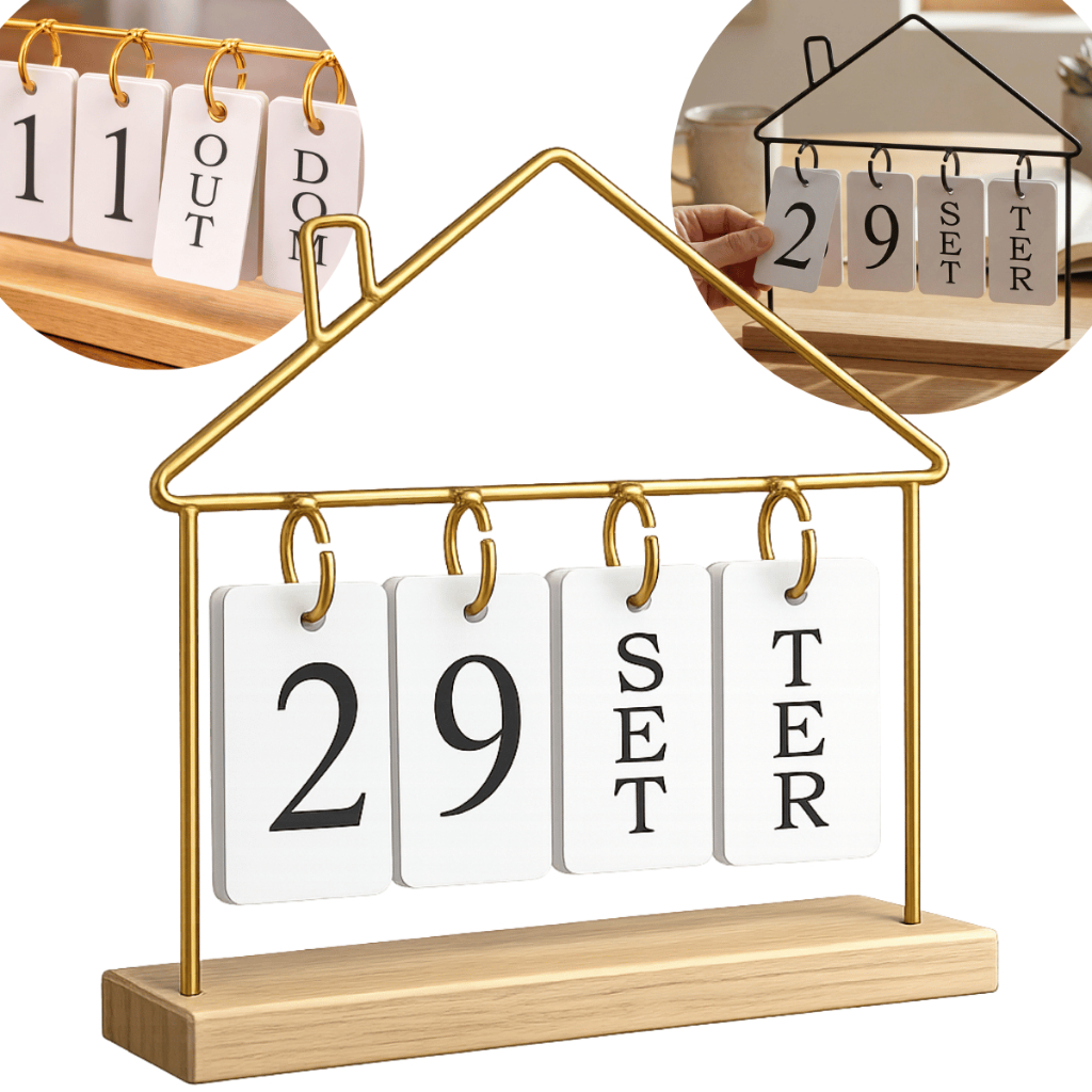 Calendário de Mesa Decorativo com Plaquinhas Dupla Face Dourado/Preto/ Permanente Escritório