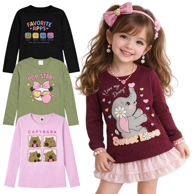 Kit Camiseta Manga Longa Infantil Feminina - Roupa Infantil Menina - blusa infantil menina