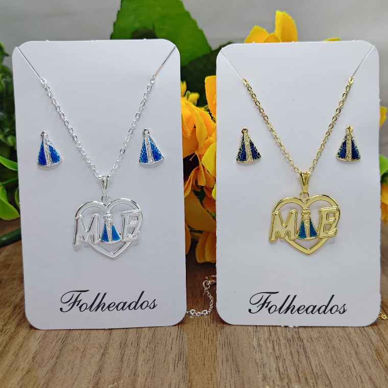 Conjunto Colar E Brinco Mae Nossa Senhora Aparecida Folheado A Prata 925 - Ouro 18k Presente De Mae