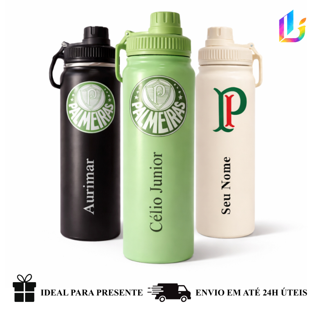 Garrafa Térmica Inox 800ml Personalizada Time Palmeiras - Presente Torcedor/Futebol