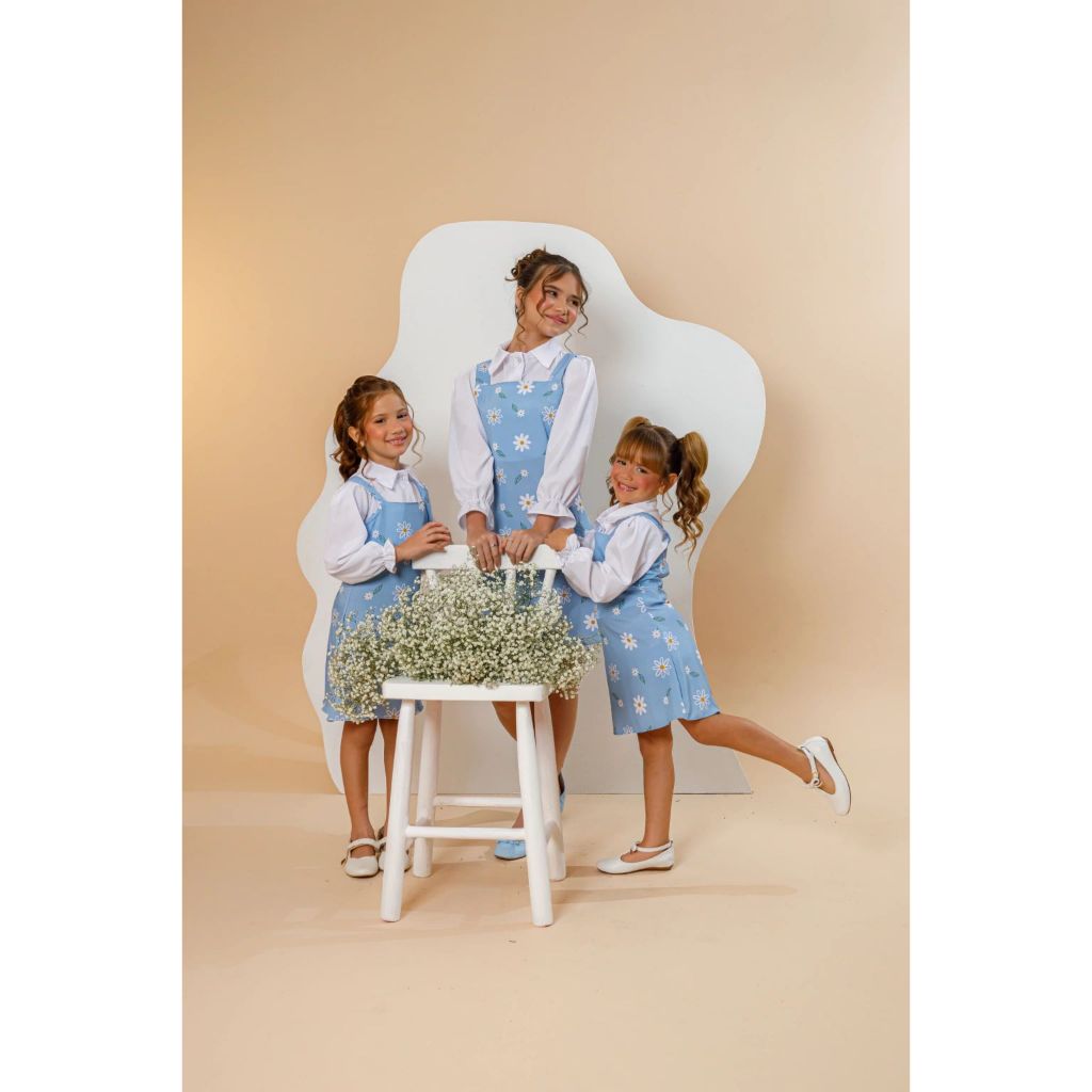 salopete + camisa social inverno infantil e juvenil menina botão flor e coração tam 6 8 10 12 14