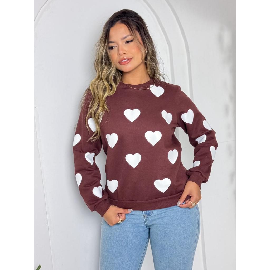 Blusa Feminina em Moletom com Manga Longa e Estampa de Coração - Moda Inverno 2026
