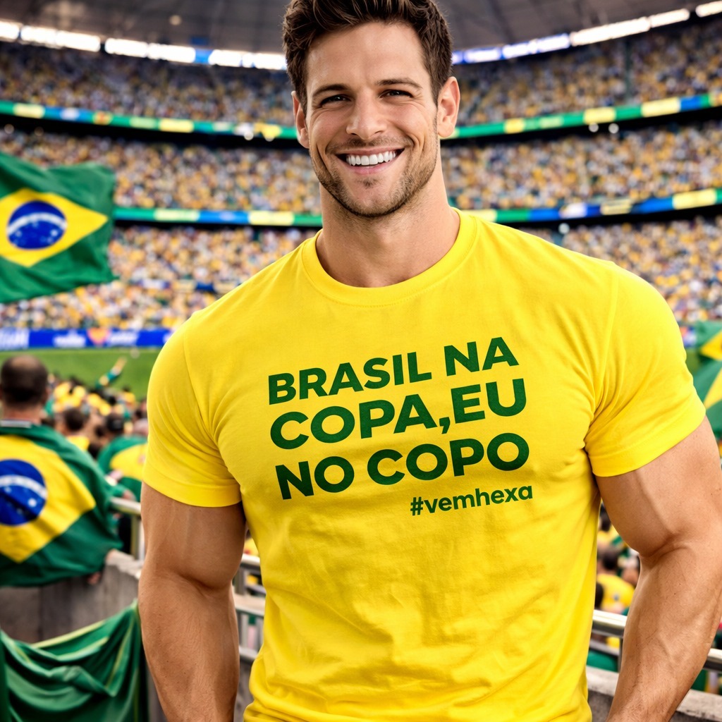 Camiseta Brasil na Copa Eu no Copo #VemHexa Masculina 100% Algodão Premium Estampada Torcida