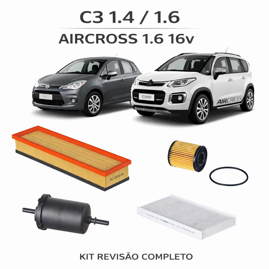 Kit Revisao C3 1.4 e 1.6 Aircross 1.6 16v Filtros Ar Filtro Oleo Filtro Combustivel e Filtro Cabine