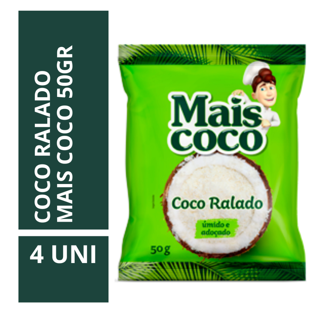 Coco Ralado Úmido e Adoçado Mais Coco 50gr - 4 Unidades