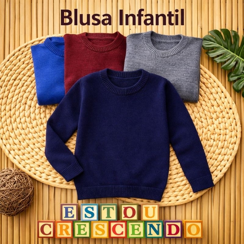 Blusa Infantil de Lã Quentinha Estilo Suéter Gola Careca – Casaco Inverno Menino Confortável Macio Roupa Infantil