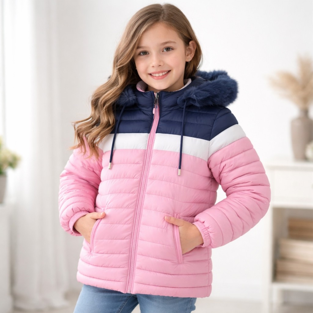 Jaqueta Feminina Infantil Bobojaco Listrada Puffer Peluciada Impermeável Forrada Frio Intenso