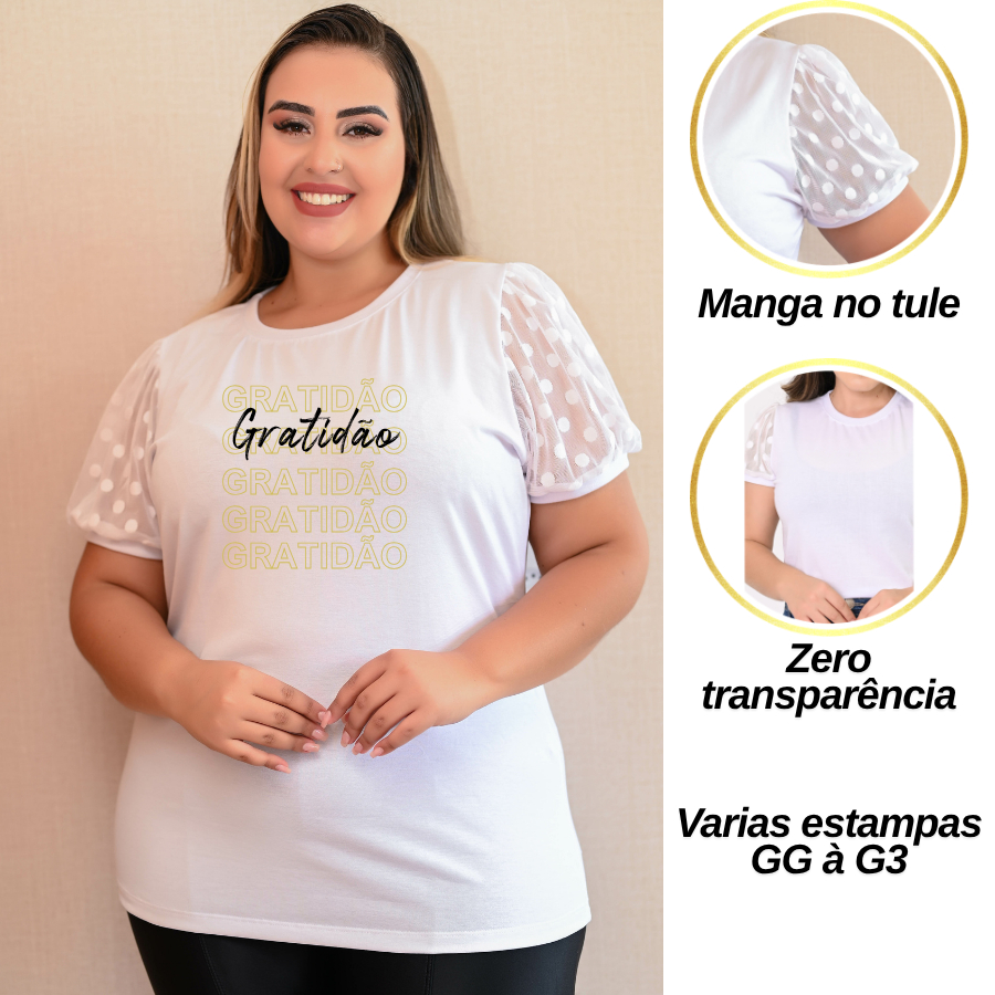 Blusa Plus Size Estampada Evangélica Camiseta Moda Cristã T-Shirt Branca Tule na Manga Gratidão Fé Virtuosa Abençoada em Oferta na Shopee