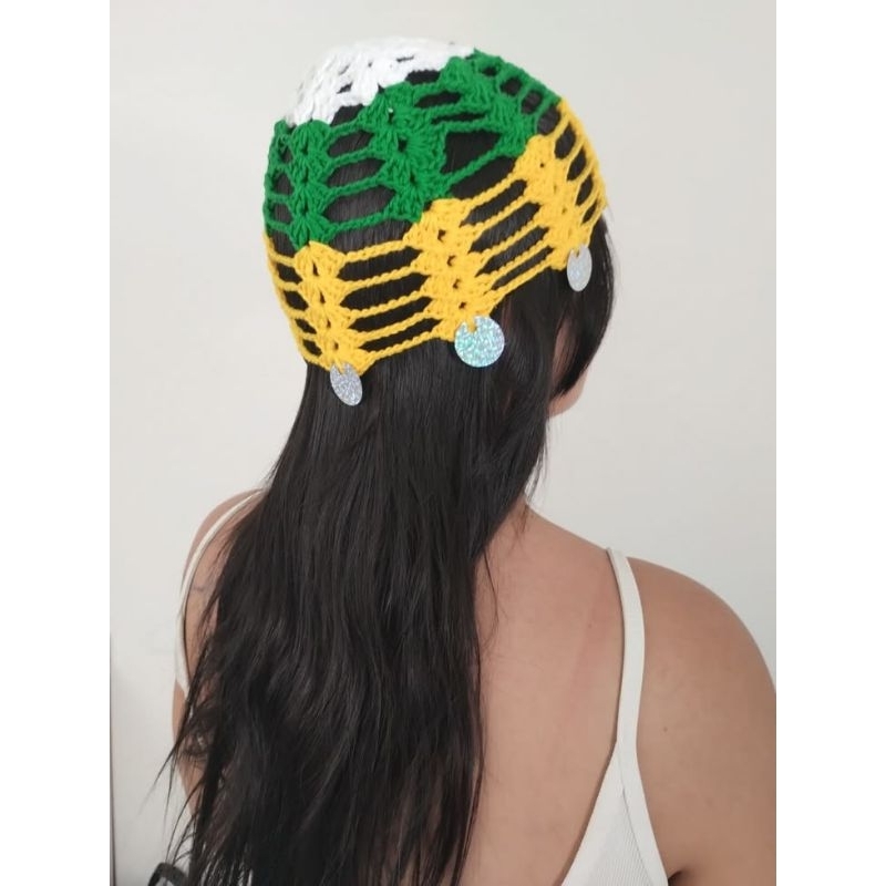 Promoção - Toucas hadpiece em crochê copa do Brasil chapéu 3 cores artesanal com paetês handmade linha barbante algodão
