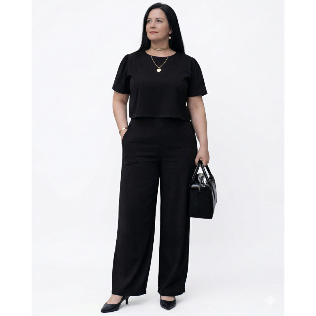 Conjunto Feminino Alfaiataria Elegante Calça Pantalona + Blusa Cropped | Moda Social Moderna Confortável