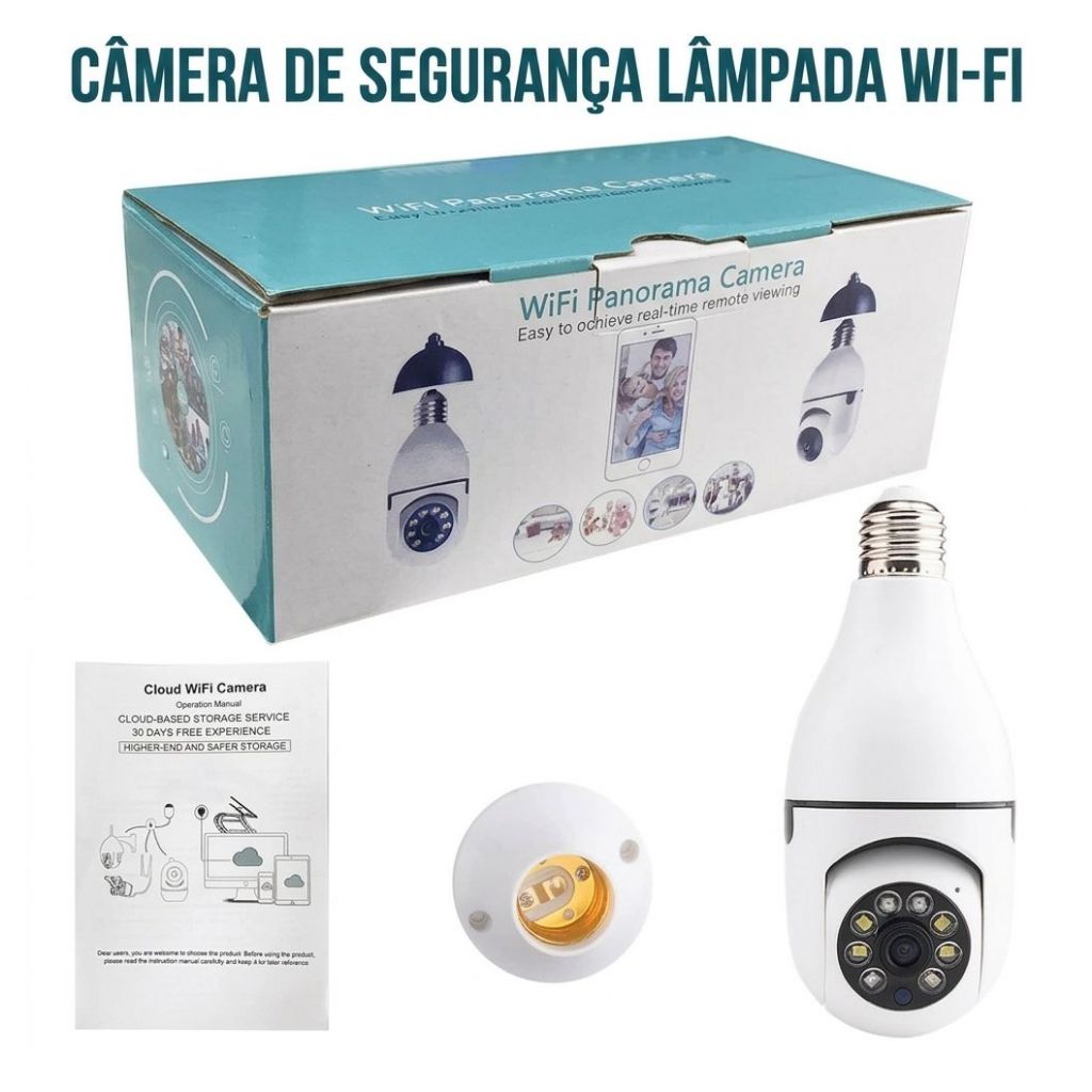 Câmera Segurança WiFi 360° Full HD 1080 Visão Noturna Lâmpada Espiã IP E27 Monitoramento App Yoosee