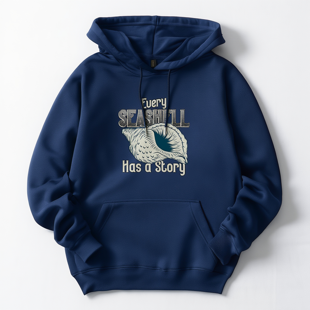 Blusa de Frio Moletom Estampada Concha Every Seashell Has a Story Touca Capuz Bolso na Frente