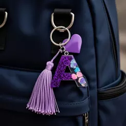 Chaveiro Letra Inicial Resina Roxo, com Tassel e Detalhes Coloridos Personalizado Argola Inox
