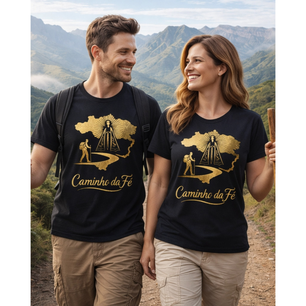Camiseta-nossa-senhora-Aparecida-caminho da fé-100% Algodão-Confortável-Caimento Perfeito-qualidade-feminino-masculino