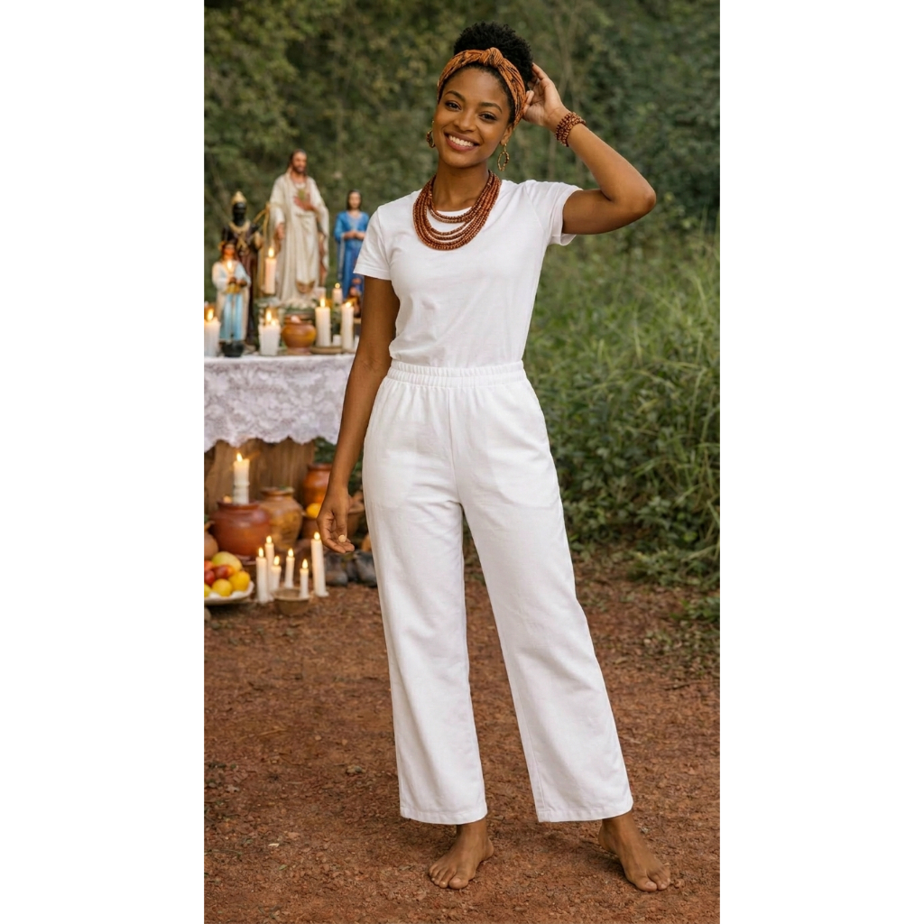 Calça Umbanda  Feminina Candomblé Unissex Oxford Ração Religiao Roupa com Elástico Homem Mulher