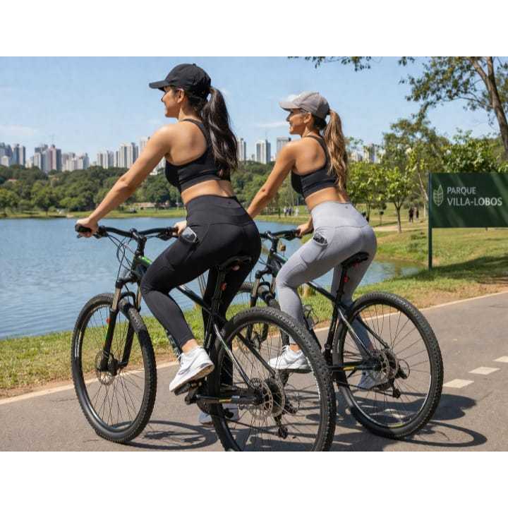 Kit 2 Legging Cintura Alta Bolso Celular Preta e Cinza Suplex Grosso Levanta Bumbum