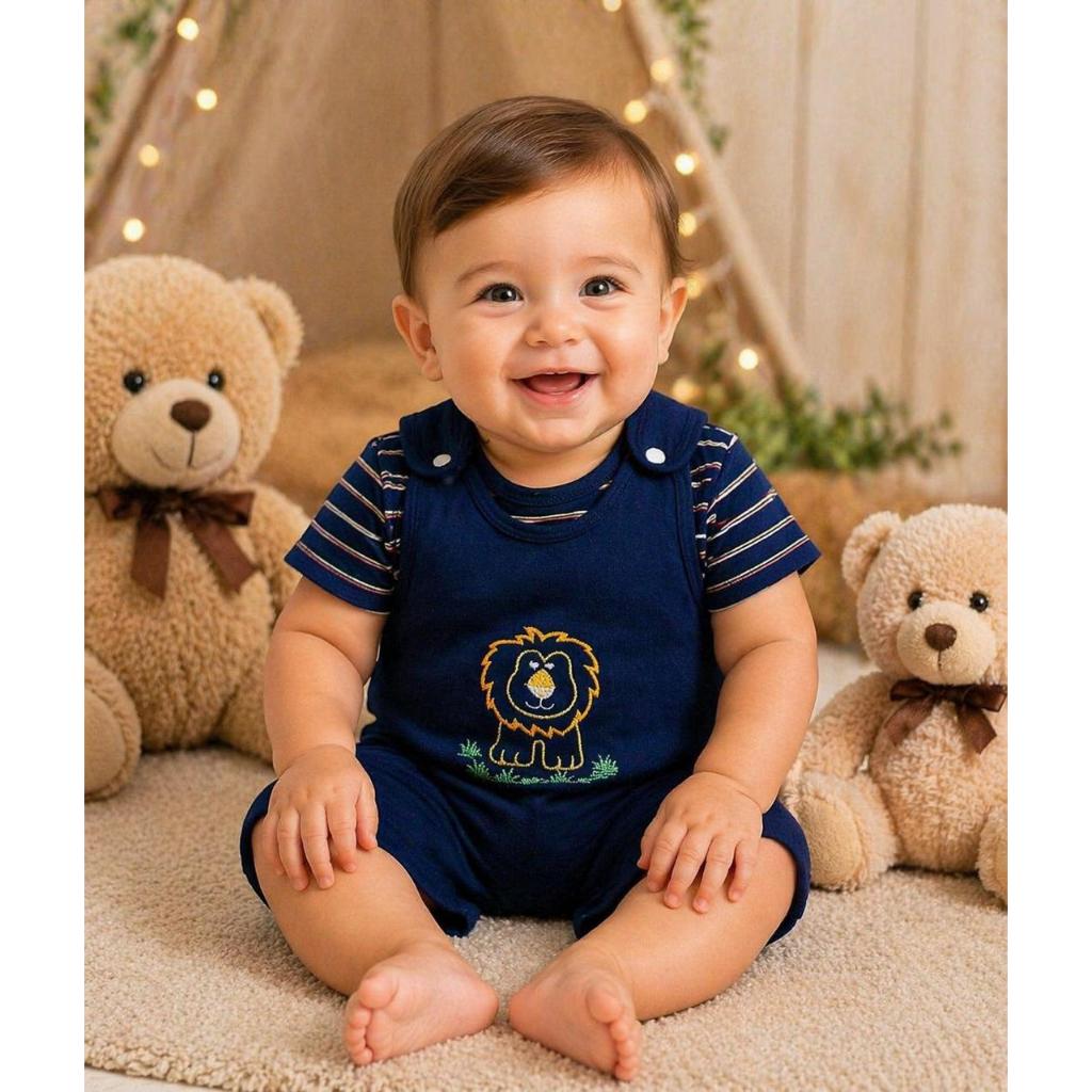 Conjunto Bebê Masculino Jardineira Macacão Leãozinho Bordado + Camiseta Roupa Infantil RN Confortável Estilosa