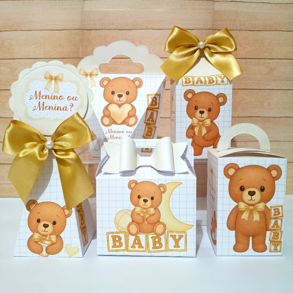 Kit Festa Chá Revelação Ursinho Neutro Personalizado | Kit Caixinhas e Lembrancinhas chá de bebê Bege Dourado