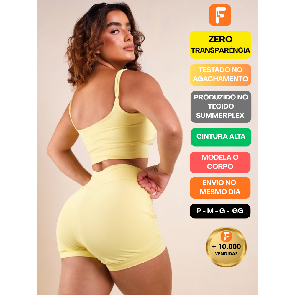 Conjunto Fitness Feminino Short Duplo com Top Zero Transparência Empina Modela Academia Cintura Alta