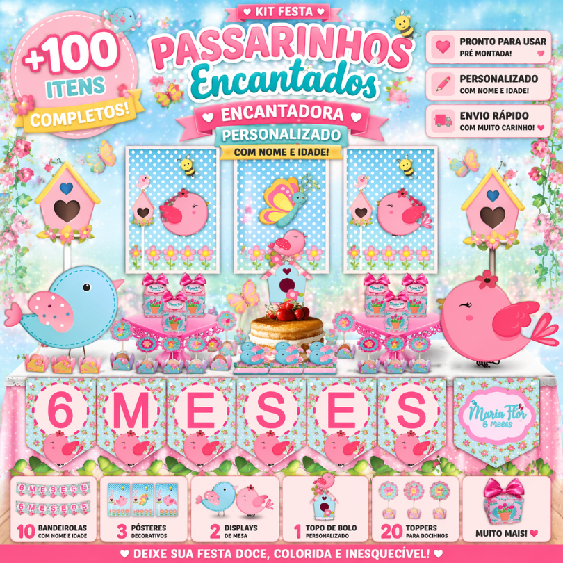 KIT FESTA PASSARINHOS ENCANTADOS PERSONALIZADO SÓ UM BOLINHO|MÊSVERSÁRIO ANIVERSÁRIO | 100 | 50  ITENS | LEMBRANCINHA