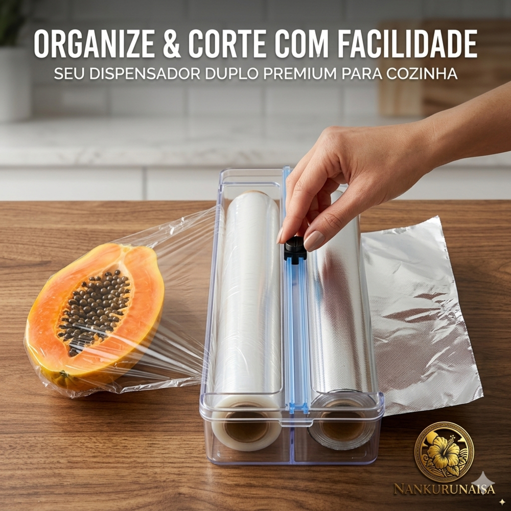 Organizador e cortador de rolo papel plástico filme alumínio cozinha