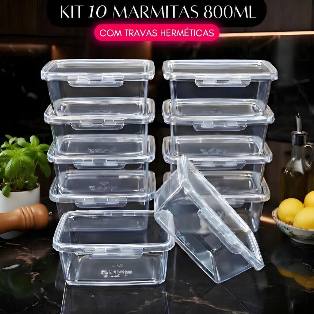 Kit 10 Marmita conjunto Potes 800ml com Travas Laterais BPA FREE Alimentos organizadores congelador