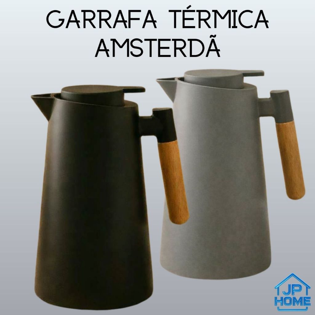 Garrafa Térmica 1 Litro Café e Chá Cabo Madeira Botão Mantém Temperatura Amsterdã Luxo Nórdica