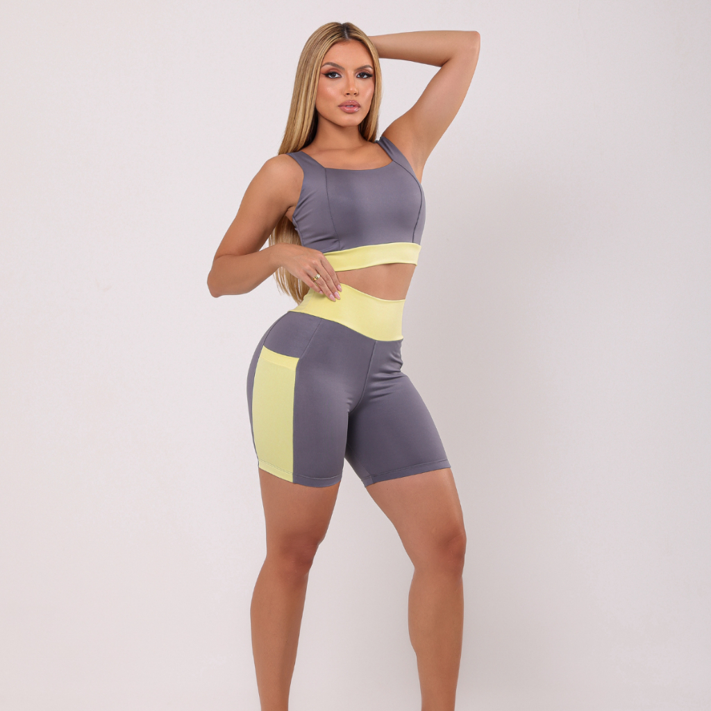 Conjuto Fitness Bermuda Top Academia NÃO É TRANSPARENTE Legging Cos Cintura Alto