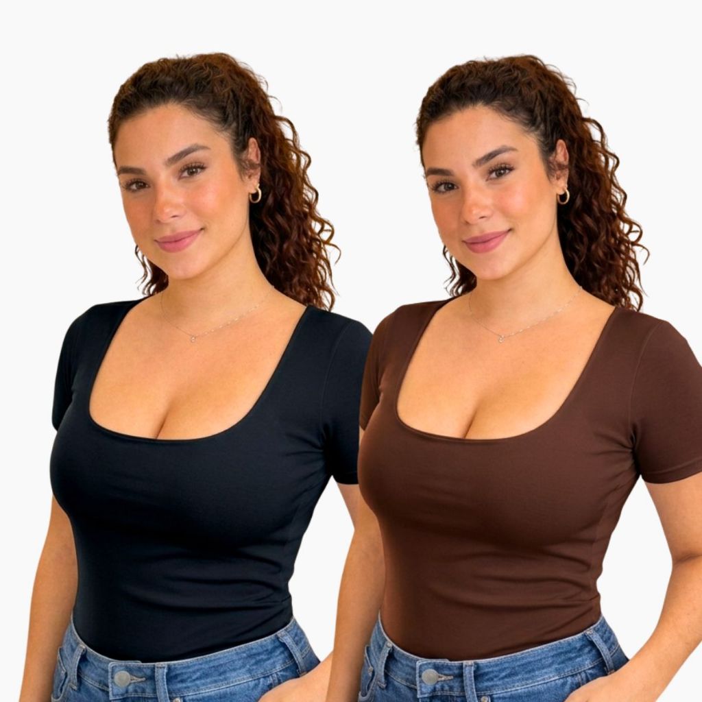 Kit 2 Blusa Feminina Gola Quadrada Suplex Premium Baby Look Manga Curta Justa Com Forro