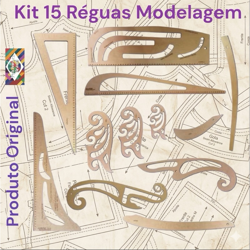 kit 15 Réguas Esquadros Curva Francesa Alfaiate Modelagem Costura profissional e Iniciante papelaria