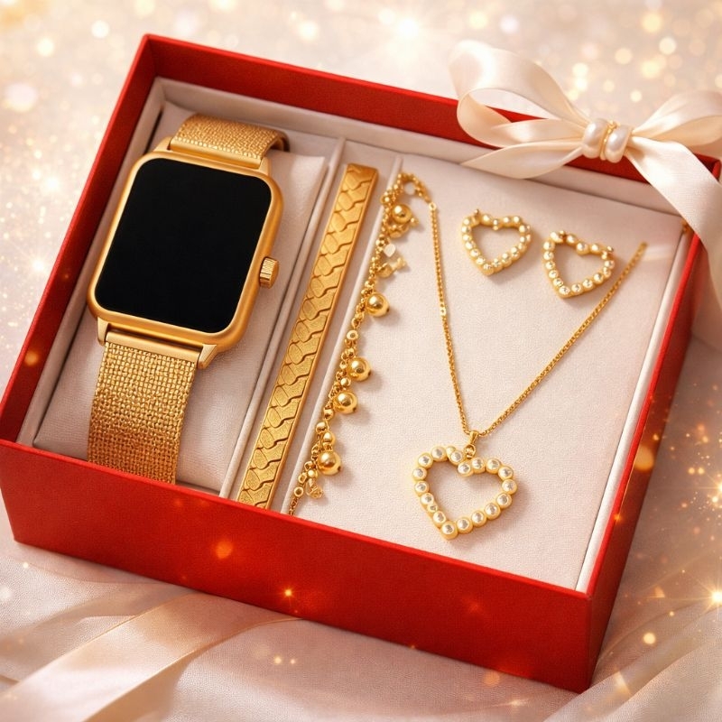 KIT relógio led quadrado dourado feminino, Pulseira e brinco