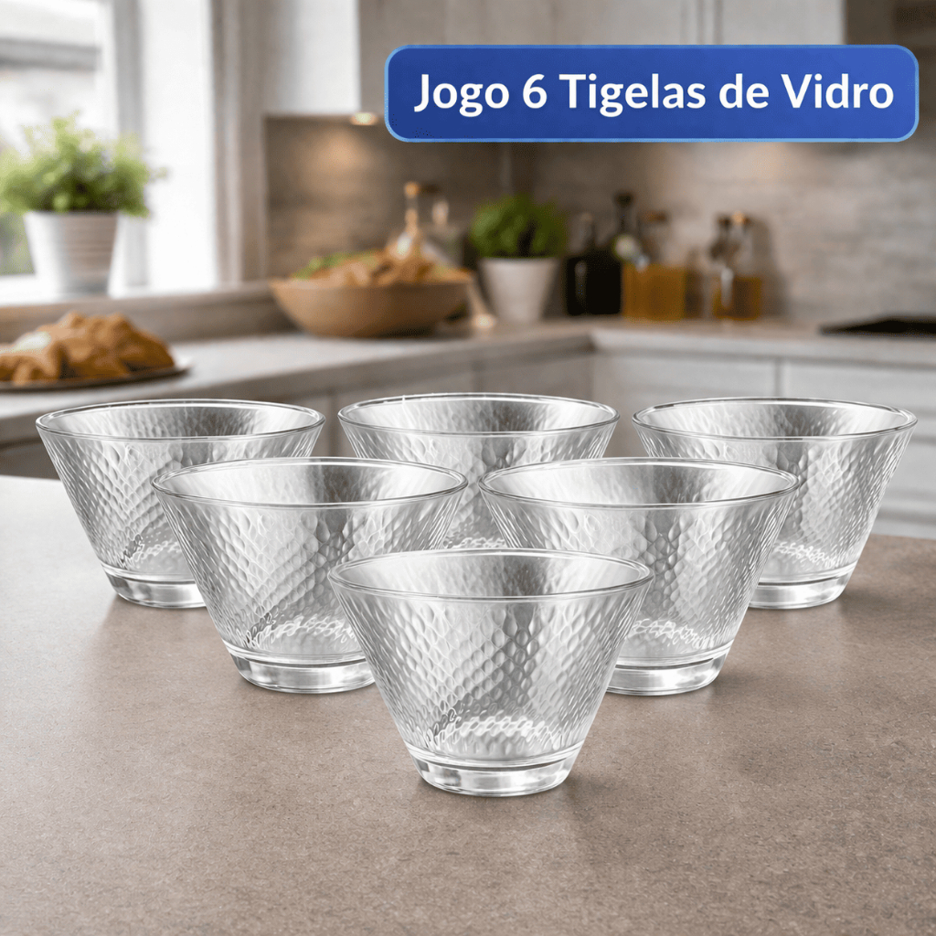 Kit 6 Tigelas de Vidro Resistente Texturizado Bowl Multiuso Sobremesa Frutas e Porções