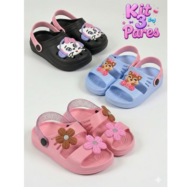 Combo Infantil  Sandália Infantil Menina Slide + Babuche Personagens Confortável Leve Antiderrapante Promoção